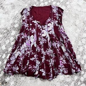 Free People Medium Dress Henley Floral Burgundy Women's Top Babydoll Wine